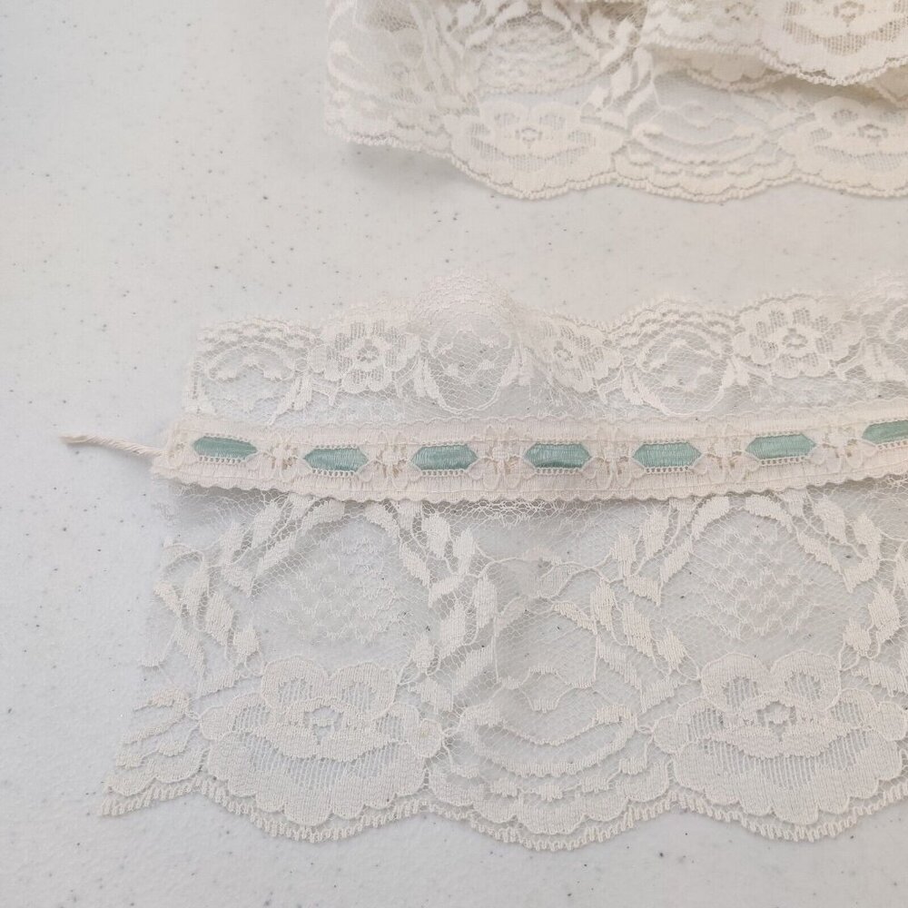 Vintage Lace Trim Ready Ruffle 18 yards+ 15" White with Blue green ribbon